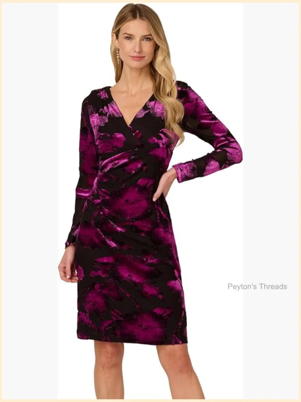 Velvet Midi Dress with V-Neckline and Long Sleeves - Picture 1 of 5